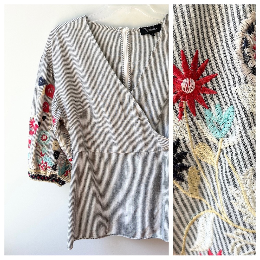 RD & Koko striped cotton embroidered wrap bodice blouse with puff sleeves